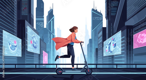 Woman riding electric scooter in futuristic cityscape with skyscrapers