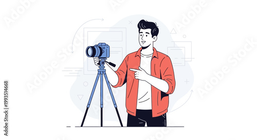 Young Man with Camera on Tripod, Explaining Photography