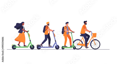 Commuters riding e-scooters and bicycle in urban setting