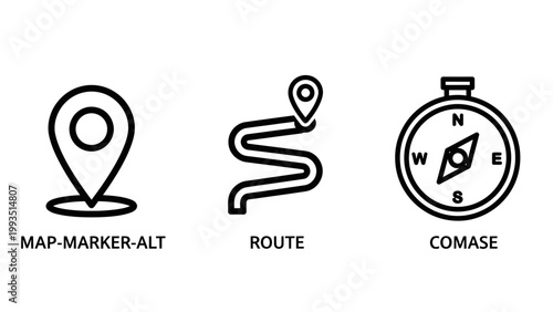 Navigation and travel concept icons including map marker route path compass with navigation location direction geography waypoint orientation adventure explorer instrument position distance
