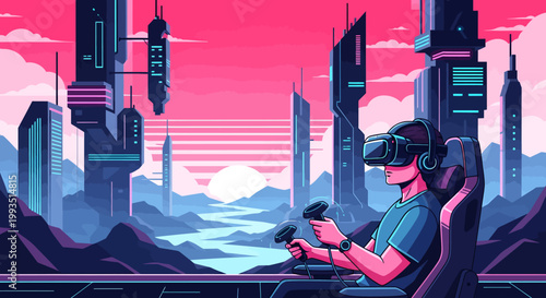 man in vr headset sitting in chair with futuristic cityscape background