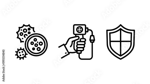Medical health protection icons representing virus test and safety shield with protection diagnostic bacteria microscope equipment analysis pandemic infection biotechnology laboratory