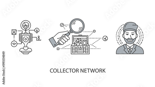 Collector network digital data collection icons and person character symbol with collector magnifying research information analysis technology database analytics investigation business
