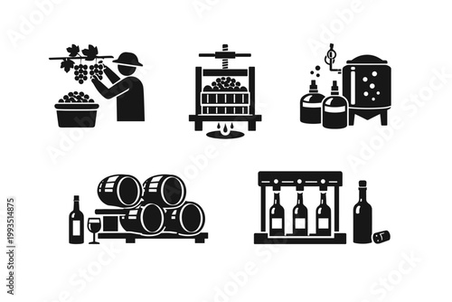 Winemaking Process Icon Set: Grape Harvesting, Mechanical Pressing, Fermentation Tanks, Aging in Oak Barrels, and Automated Bottling Line for Professional Wine Production and Viticulture Industry.
