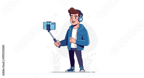 Young man with headphones filming himself with a selfie stick and smartphone
