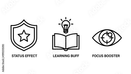 Status effect learning buff and focus booster conceptual icons for gaming and skill development with learning lightbulb development education knowledge improvement concentration visionary