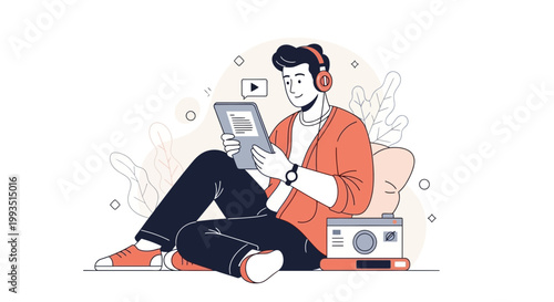 Young man with headphones watching tablet, sitting on floor with camera and plants