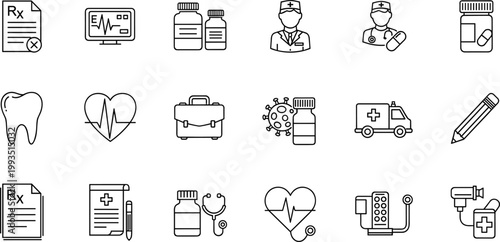 Healthcare and medical line icon set featuring doctor prescription ambulance pharmacy and patient care symbols outline vector illustration