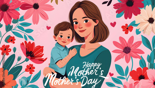 Happy Mother’s Day Illustration Card – Mom Hugging Baby