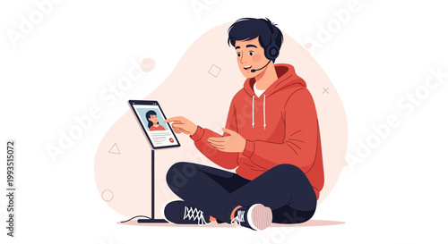 Young man with headset on video call on tablet, sitting cross-legged, remote work concept