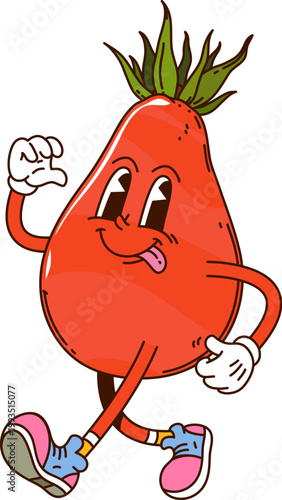 Cartoon groovy rosehip berry fruit character. Vector red rose hip retro hippie personage wearing vintage sneakers, happily strolling with happy smile and sticking out tongue, exuding funky y2k vibe