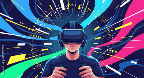 Man wearing VR headset with colorful abstract background
