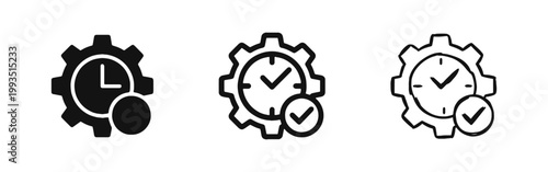 Gear with Clock and Checkmark Icon Set Representing Efficiency