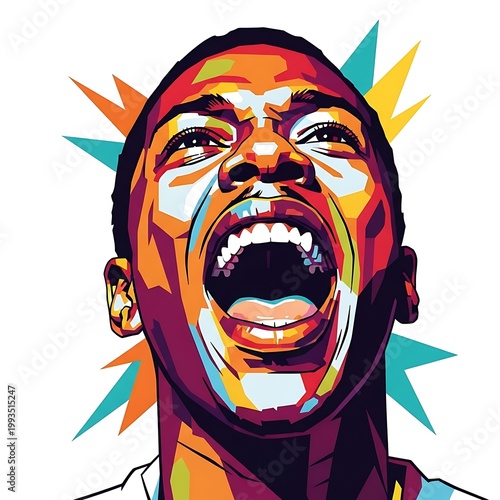 Portrait showcases intense expression using vibrant pop art color blocks