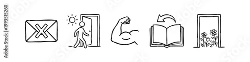 Hand-drawn minimalist icons set featuring an envelope with a cross, person exiting a door, muscular arm, open book with arrow, and a garden view through a doorway. Simple black ink doodle style.