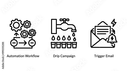 Digital marketing and sales automation process concept icons with automation workflow campaign marketing business communication technical strategy software development optimization customer