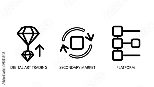 Digital asset trading and secondary market platform icons with exchange platform blockchain investment valuation structure business commerce technology transaction monetization internet