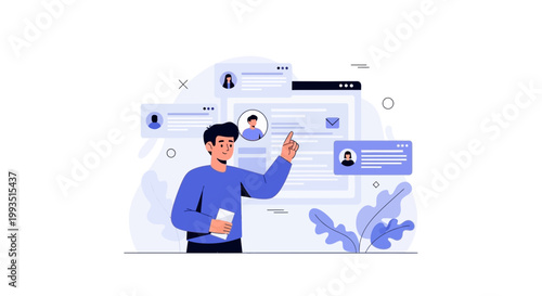Man pointing at digital profiles on screen, online recruitment, HR, job search concept