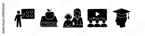 Set of five black silhouette education icons including a teacher presenting, a book with an apple, online tutoring, a group watching a video lecture, and a graduation profile.