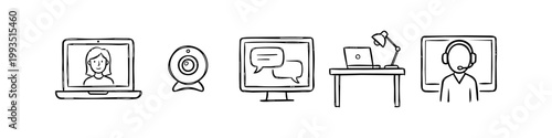 Set of hand-drawn doodle icons representing remote work and video conferencing, featuring a laptop, webcam, chat bubbles, home office setup, and a person with a headset on a white background.