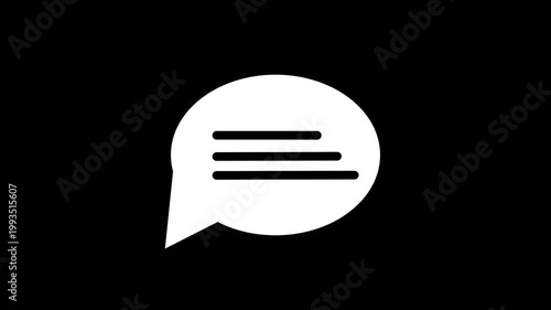 Chat message bubble icon animation with text lines on black background.