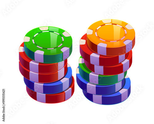 Cartoon casino gambling game vector icon of glossy casino poker chips stacked in tall piles with a glossy surface and vibrant red, blue, green and yellow colors. Stacked casino chips for entertainment