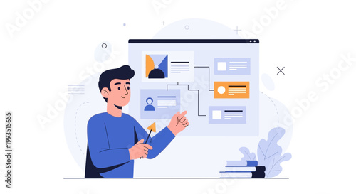 Man presenting business flowchart on screen, modern flat illustration