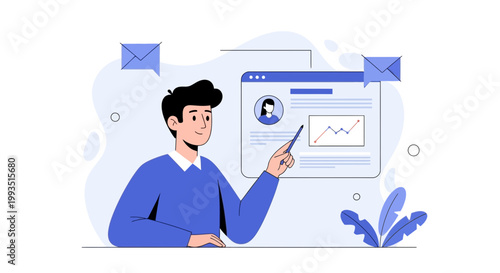 Man presenting business analytics chart on screen, email icons, modern flat illustration