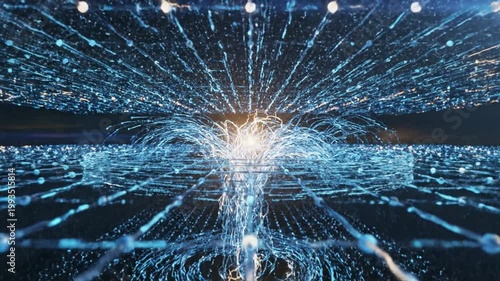 Abstract digital network with glowing particles flowing towards a central bright light, representing data transfer and artificial intelligence