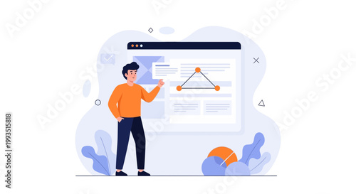 Man Presenting Data on a Digital Screen with Charts and Graphs