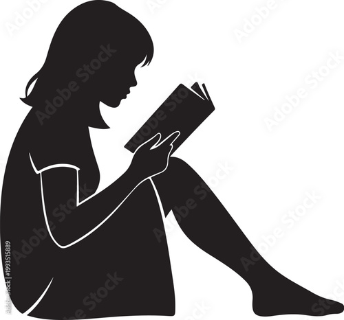 Black silhouette girl reading book, sitting, vector illustration, educational icon, reading girl