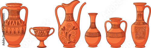 Ancient Ceramic Vase Set with Decorative Amphora Pitchers and Classic Pottery Vector Illustration