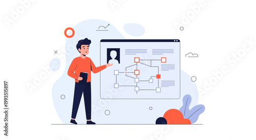 Man presenting flowchart on screen, business strategy and planning concept illustration
