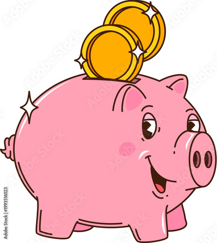 Cartoon groovy piggy bank with a coin, hippie funky business and finance character, representing savings, deposit and investment. Isolated vector retro pink pig moneybox personage collecting money