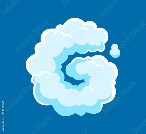 Letter G fluffy white cloud font, smoke typeface character, heaven type, cloudy sky abc English alphabet as smoke puffs or boom comic effect. Airy cloudy decorative typography, cartoon vector alphabet