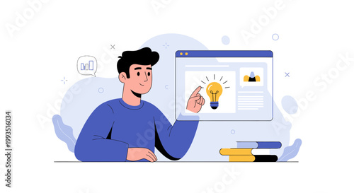 Man presenting idea on screen, lightbulb icon, online learning, business concept