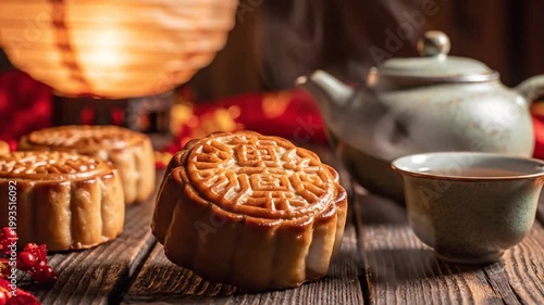 Traditional Chinese Mooncakes and Tea, Symbolizing Autumn Festival and Family Reunion