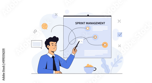 Man presenting sprint management on whiteboard, agile methodology, teamwork concept