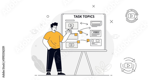 Man presenting task topics on a whiteboard with video icons and flowcharts