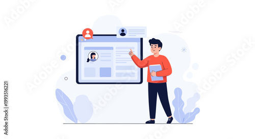 Man presenting user profile on digital screen, online recruitment concept