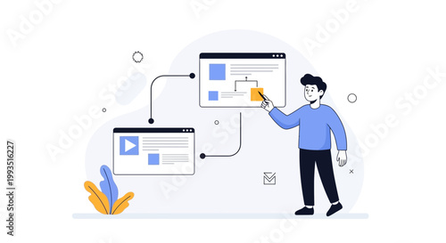 Man presenting website design flow chart on screen, modern illustration