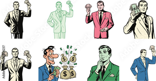 Cartoon illustrated businessmen in colorful suits holding cash money bags flying dollar bills financial success prosperity wealth creative artwork scene