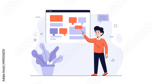 Man presenting website design on screen with chat bubbles and plant