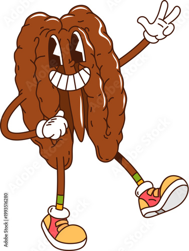 Cartoon funky groovy pecan nut character exudes hippie y2k vibes with cheerful expression. Isolated vector quirky and nutty snack personage, wearing sneakers and promotes health, energy and happiness