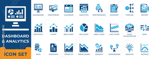 Dashboard and data analytics icon set. Business statistics, performance, chart, growth trend, data visualization and timeline vector symbols.