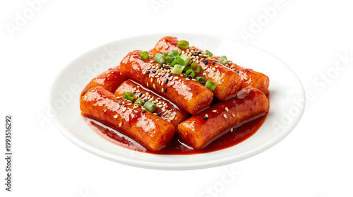 Spicy Korean tteokbokki with sesame seeds on transparent background