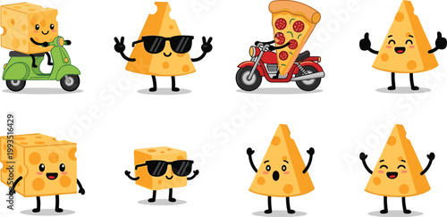 Cartoon illustrated cheese cubes and pizza slices riding scooters motorcycles with expressive faces playful emotions cute whimsical creative artwork scene