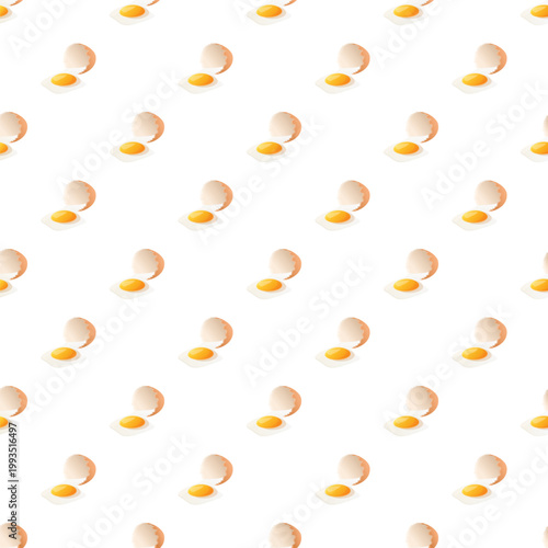 Raw cracked eggs creating a repeating background pattern on white