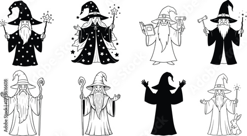 Cartoon illustrated fantasy wizards in robes with hats holding staffs wands books scrolls magical powers mystical characters creative artwork scene