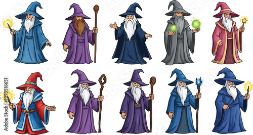 Cartoon illustrated fantasy wizards with beards robes hats staffs wands glowing magical powers colorful mystical characters creative artwork scene